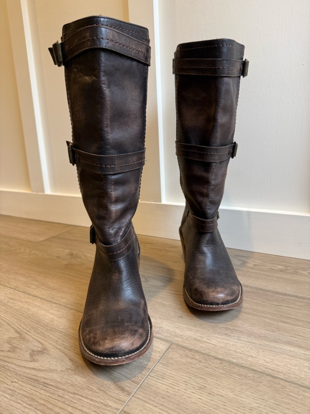 Frye Women's Dark Brown Distressed Leather Mid-Calf Carmen 3 Strap Boots - Picture 8 of 12